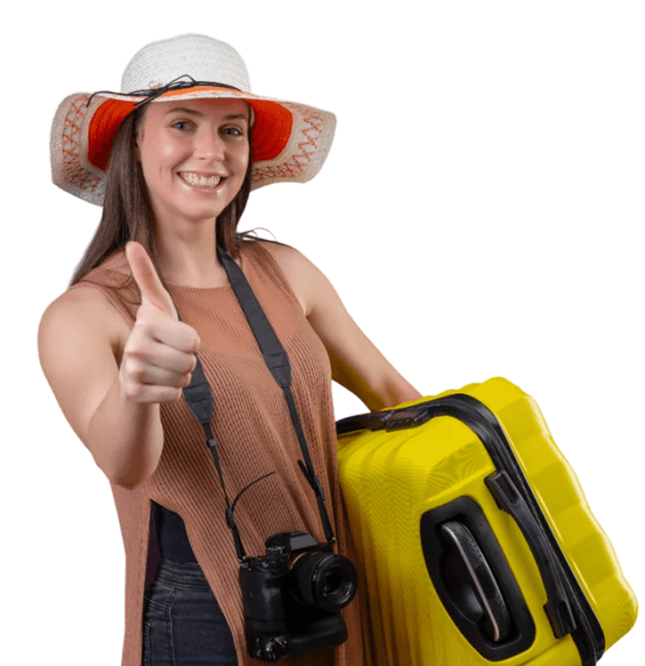 Happy traveler with yellow suitcase